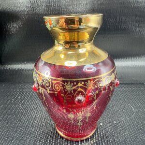 Venetian Art Glass Vase Vessel Hand Painted Gold Accents Attached Jewels Vase
